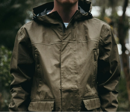 Red waterproof hardshell jacket with hood