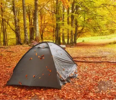 Green two-person backpacking tent pitched on open ground